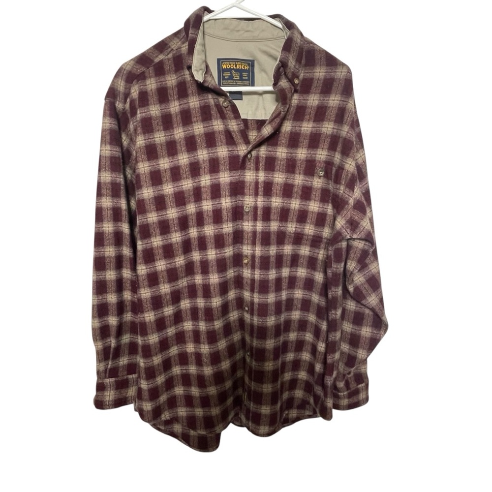 Vintage 80s-2000 Woolrich Burgundy and Cream Heavy Flannel Board Shirt Men’s M - Picture 2 of 7